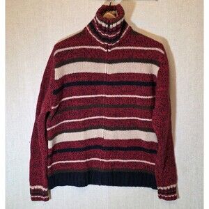 Springfield Mens XL Zipper Cardigan Red Brown Cream Striped High Neck Lambswool